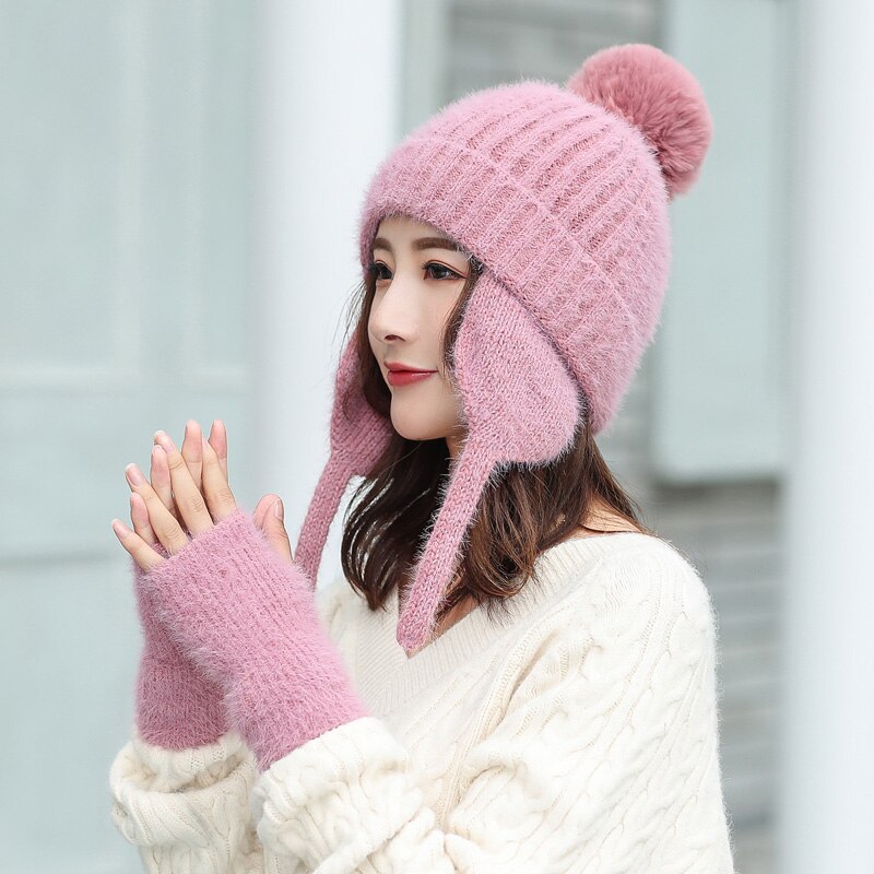 Winter Vrouwen Wol Gebreide Bomber Hoed Effen Harige Ballen Zoete Dikke Plus Fluwelen Oorklep Caps Outdoors Warm Russische Ushaka Elastische