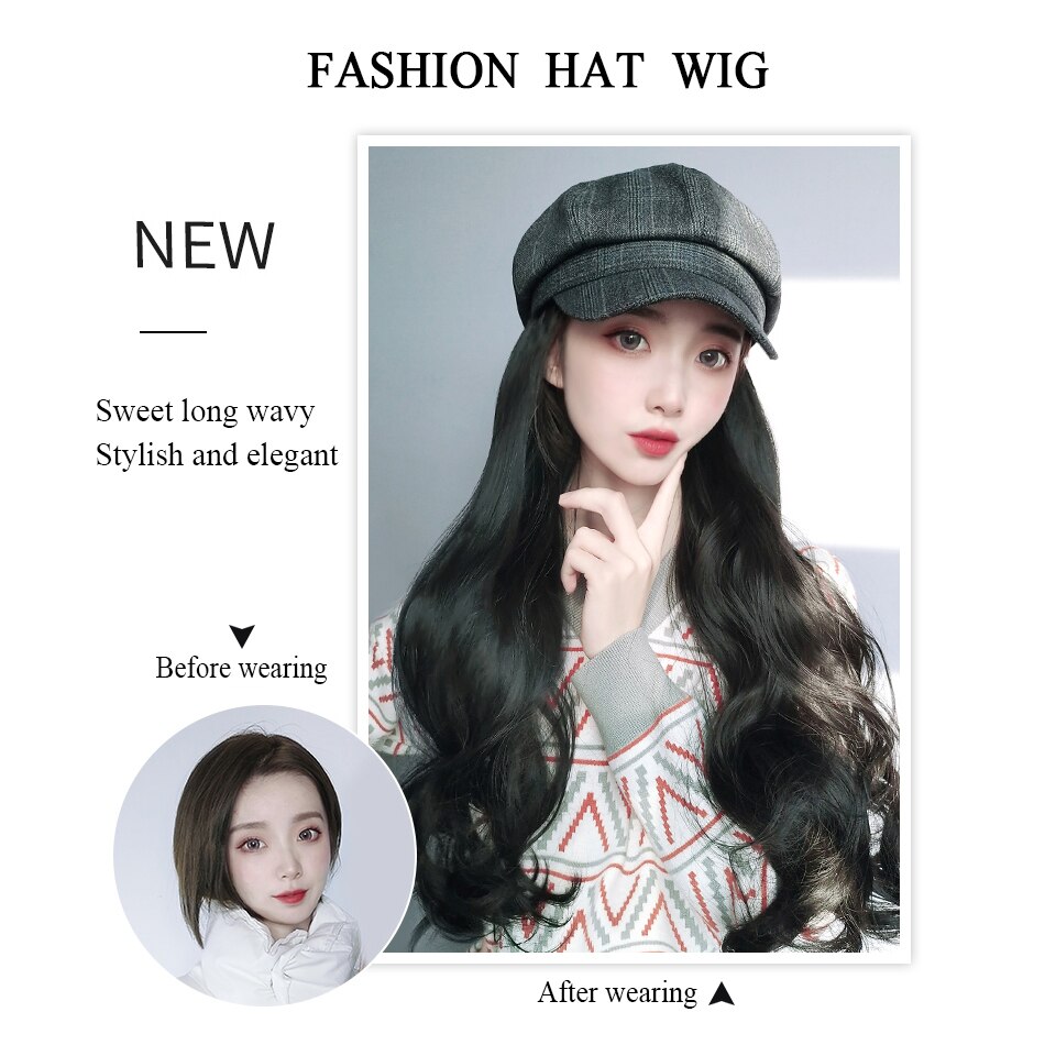 HUAYA casquette avec cheveux longs ondulés perruques pour femmes chapeau perruque synthétique chapeau Extensions de cheveux naturel faux cheveux