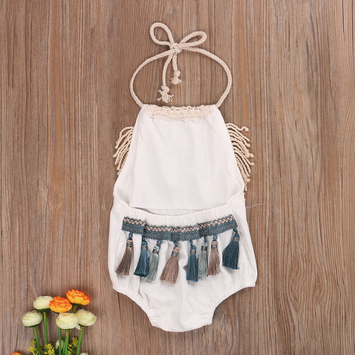 Focusnorm Baby Meisjes Jongens Kwastje Bodysuits Mouwloze Effen Riem Zomer Leuke Jumpsuits 2 Kleuren