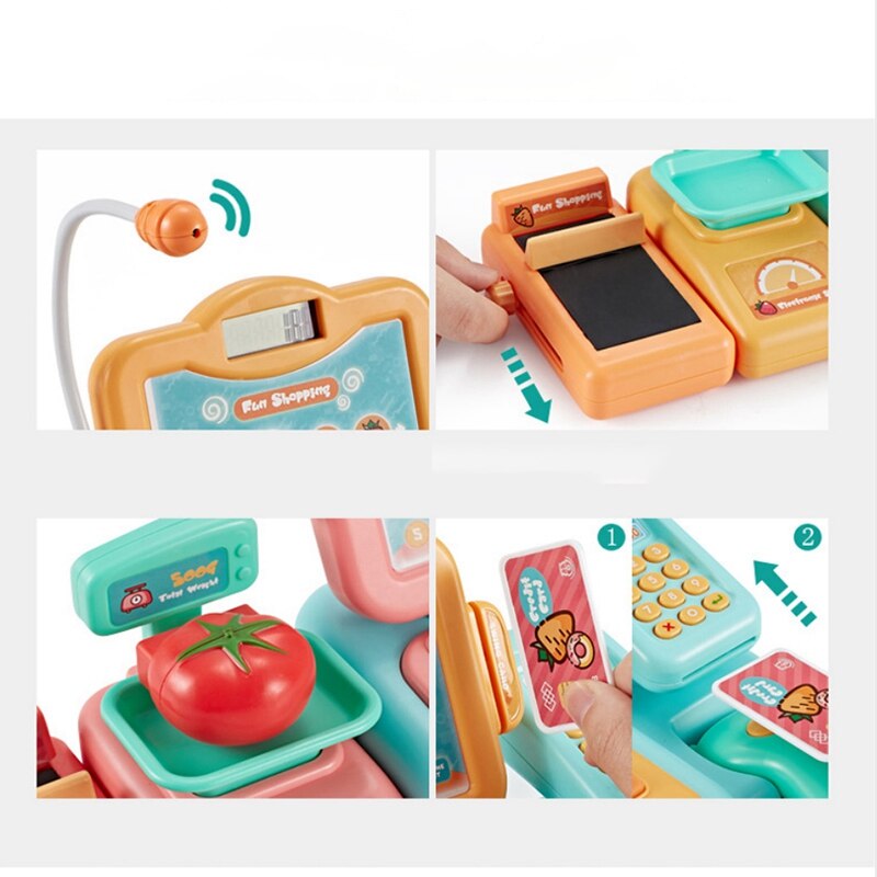 Il registratore di cassa intelligente finge di giocare a cassiere con scanner, microfono, gioca a soldi e drogheria per bambine