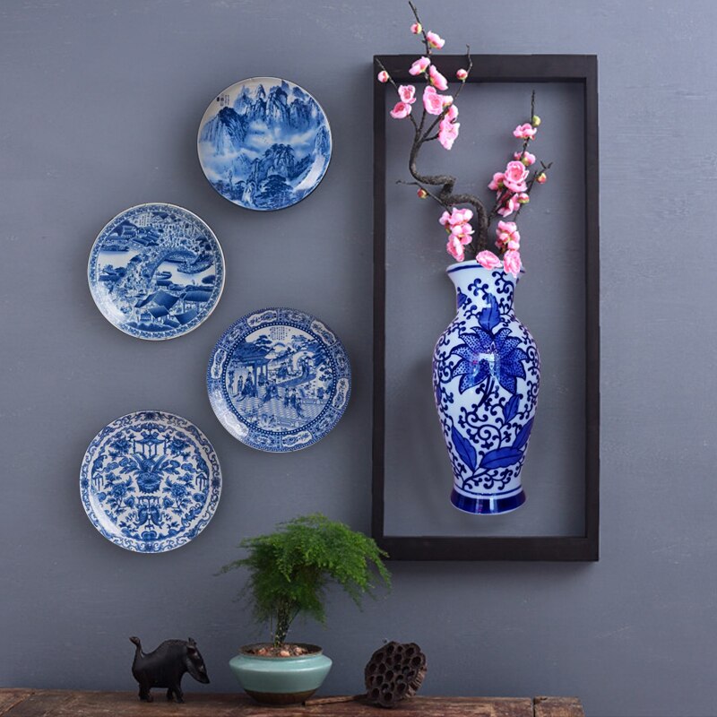 Vase mural suspendu en porcelaine bleu-blanc, décoration murale de salon, assiette murale de restaurant créative