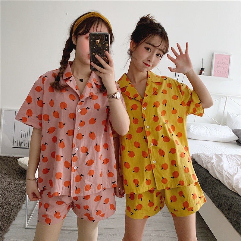 Korean Pajamas for Women Kawaii Room Wear Spring Summer Pyjamas Sweet Pijama Short Sleeve Home Suit Fruit Print Sleepwear