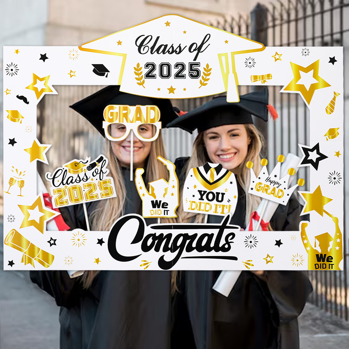 Bannière de cadre d'accessoire de photomaton de remise des diplômes, arrière-plan de prise de vue photo, décor de fournitures d'accessoires, classe de 2025, fête des diplômés, 2025