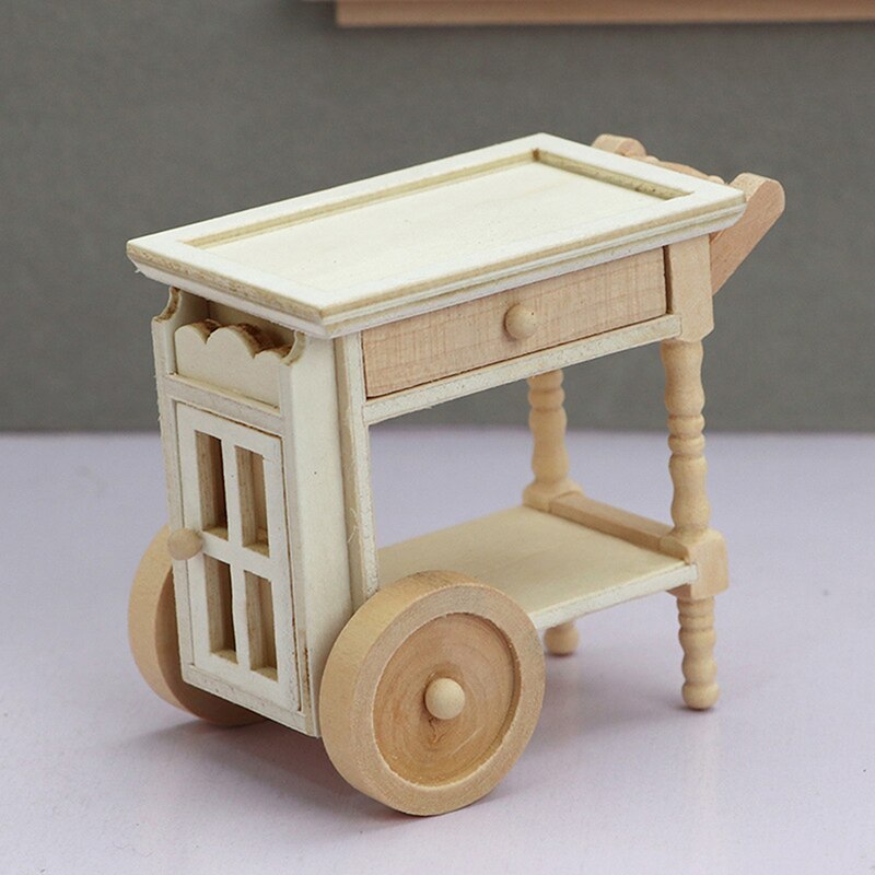 1:12 Dollhouse Miniatuur Restaurant Keuken Trolley Dining Winkelwagen Twee Lagen Houten Meubels Pop Decor Speelgoed