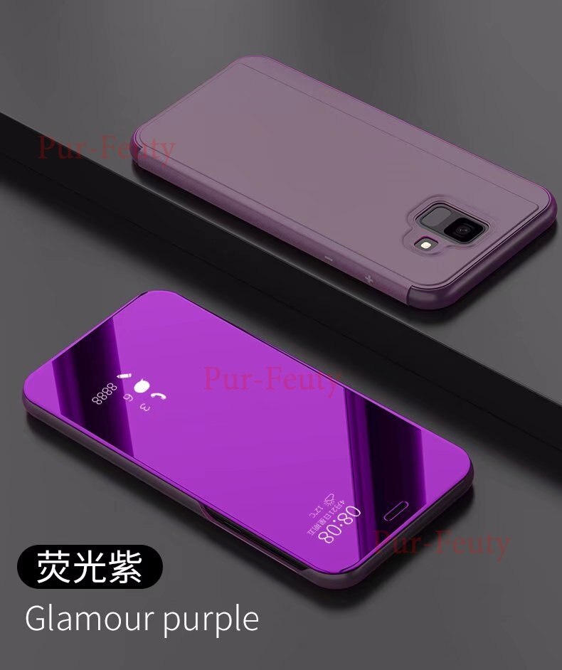 Flip etui til samsung galaxy  j6 sm j600 j600fn j600fn/ ds sm -j600f sm -j600f/ ds sm -j600fn klart speil pu skinndeksel: Glamour lilla