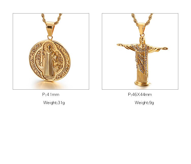 Retro Male Jewelry Gold Jesus Cross Necklaces Round Pendant for Men Him Christian Catholicism Prayer Religious Accessories