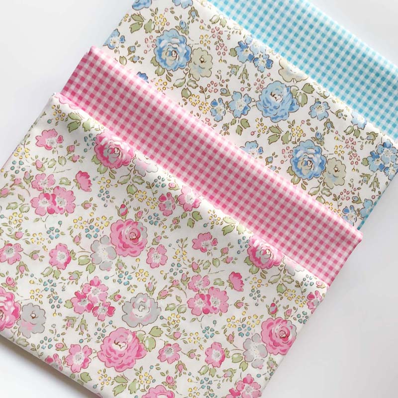 160cm*50cm bomuldsklud pink blå rose blomster blomster ternet stof til gør-det-selv børn sengetøj tøj kjole håndarbejde dekoration