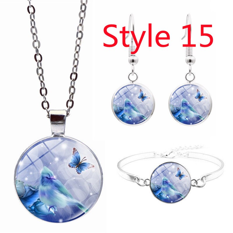 Tegel Sieraden Vlinder Glas Cabochon Ketting Stud Oorbellen Armband Set Totally 4Pcs Boom Celestial Vrouwen Sieraden Set: Style 15