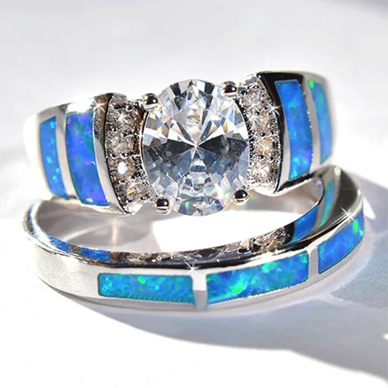 Huitan, , conjunto de anillo Oval CZ para mujer, Ópalo de imitación azul, anillo de boda para de cóctel, joyería de , , tamaño 5-10