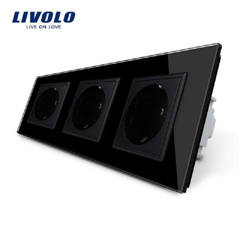 Livolo eu standard stikkontakt, sort krystal hærdet glas stikkontakt panel, tredobbelt væg stikkontakter uden stik,vl -c7 c 3eu-12