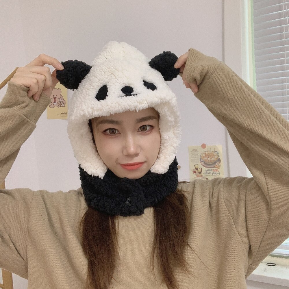 Leuke Cartoon Beer Lam Pluche Warm Solid Panda Caps Sjaal Set Masker Winter Koude Verdikte Bescherming Oor Hoed Voor Vrouwen meisje: Panda-01