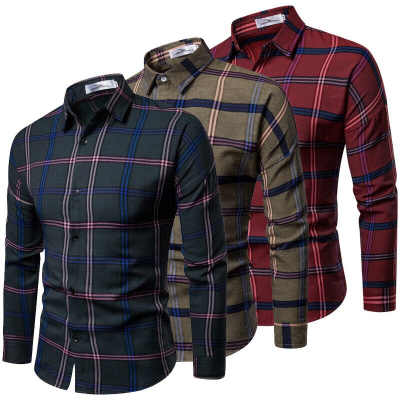 Mænds luksus afslappet ternet skjorte langærmet slim fit plaid business kjole skjorter toppe