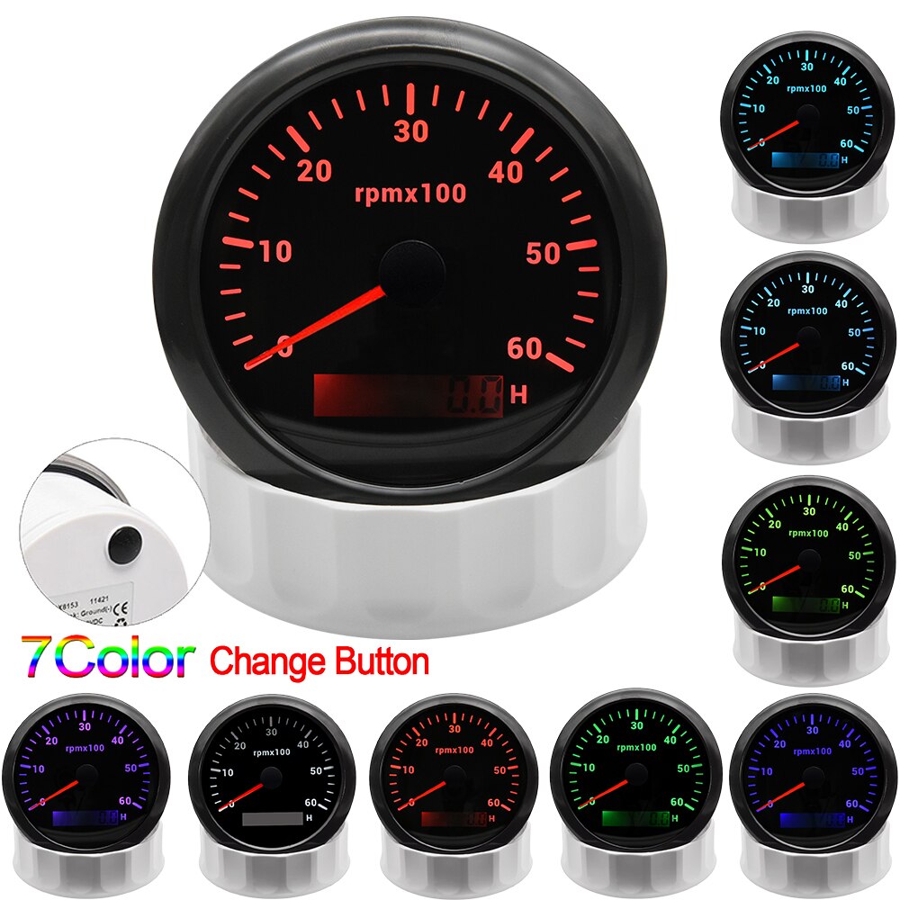 AD 85mm Car Tachometer Diesel Engine RPM Gauge 3000 4000 6000 RPM with Digital Hourmeter 7 Color Backlight Car Boat Tachometer