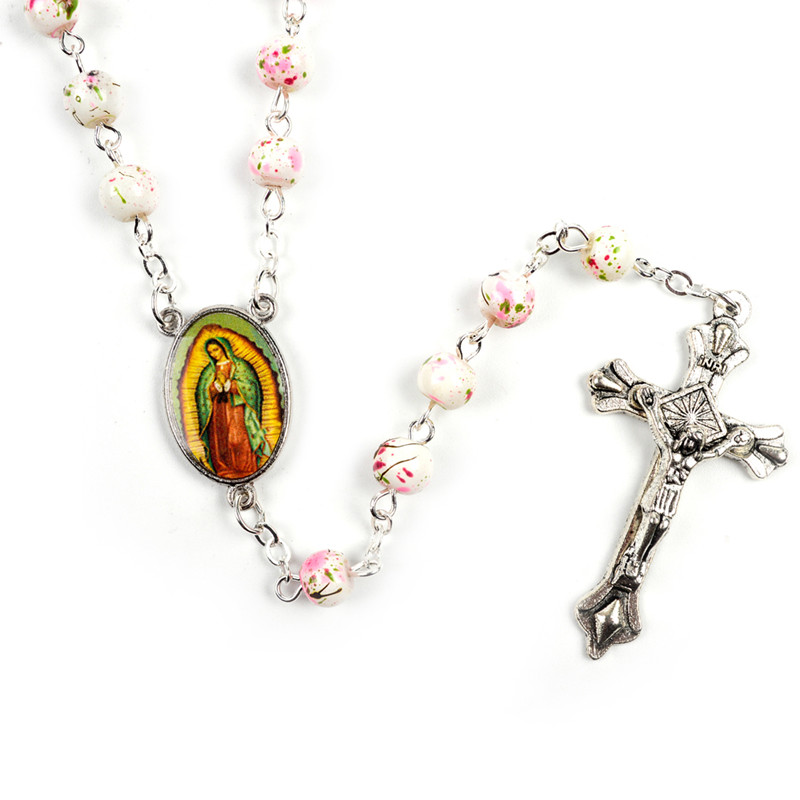 5 stili moda cattolica vergine maria gesù piccola dimensione rotonda perla accessori gioielli catena croce pendente rosario perline collana: Style 4-white