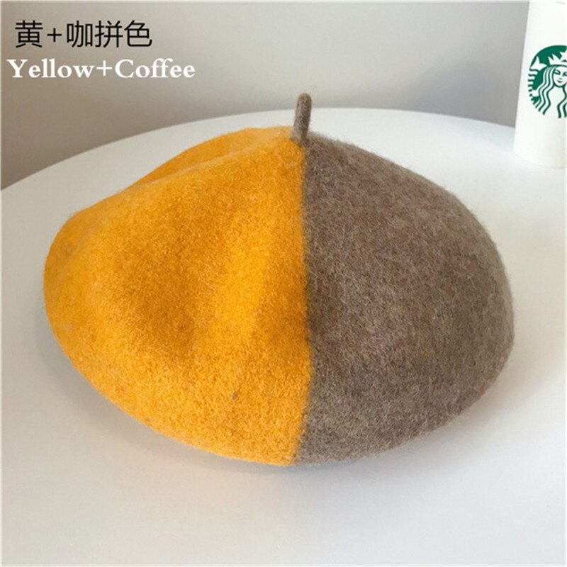 Zimowy ciepły urok kolor szwów czysta wełna kobiety beret francuski czapka typu czapka bez daszka czapka dla kobiet retro "dzika moda" akcesoria gify: żółty-kawa