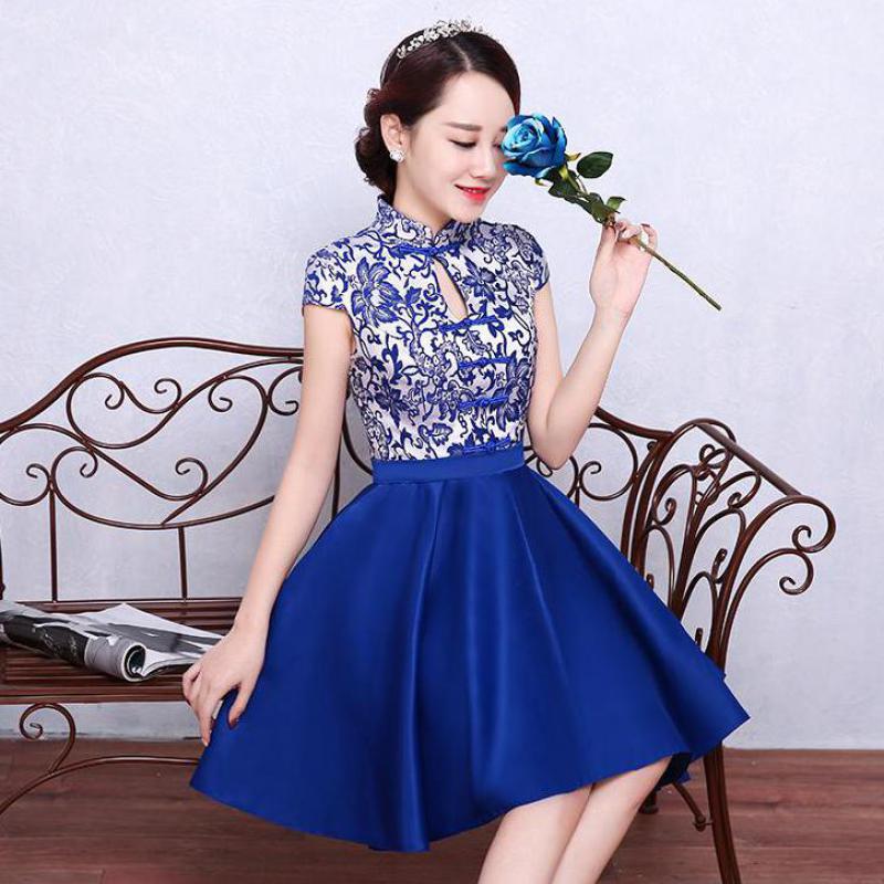 Qipao-Vestido corto de satén con cuello mandarín para mujer, Vestido corto plisado, Azul Real, estilo chino, tallas S, M, L, XL, XXL y A-121