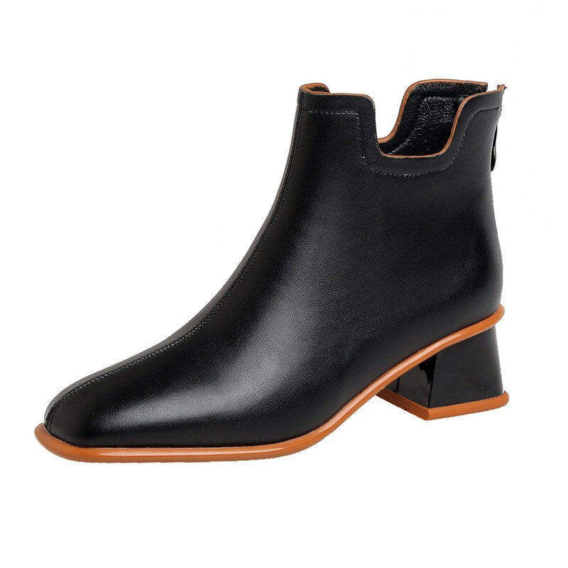 Fedonas Beknopte Vierkante Teen Vrouwen Enkellaars Terug Rits Mode Herfst Winter Dikke Hakken Pompen Trouwschoenen Vrouw: Black / 7