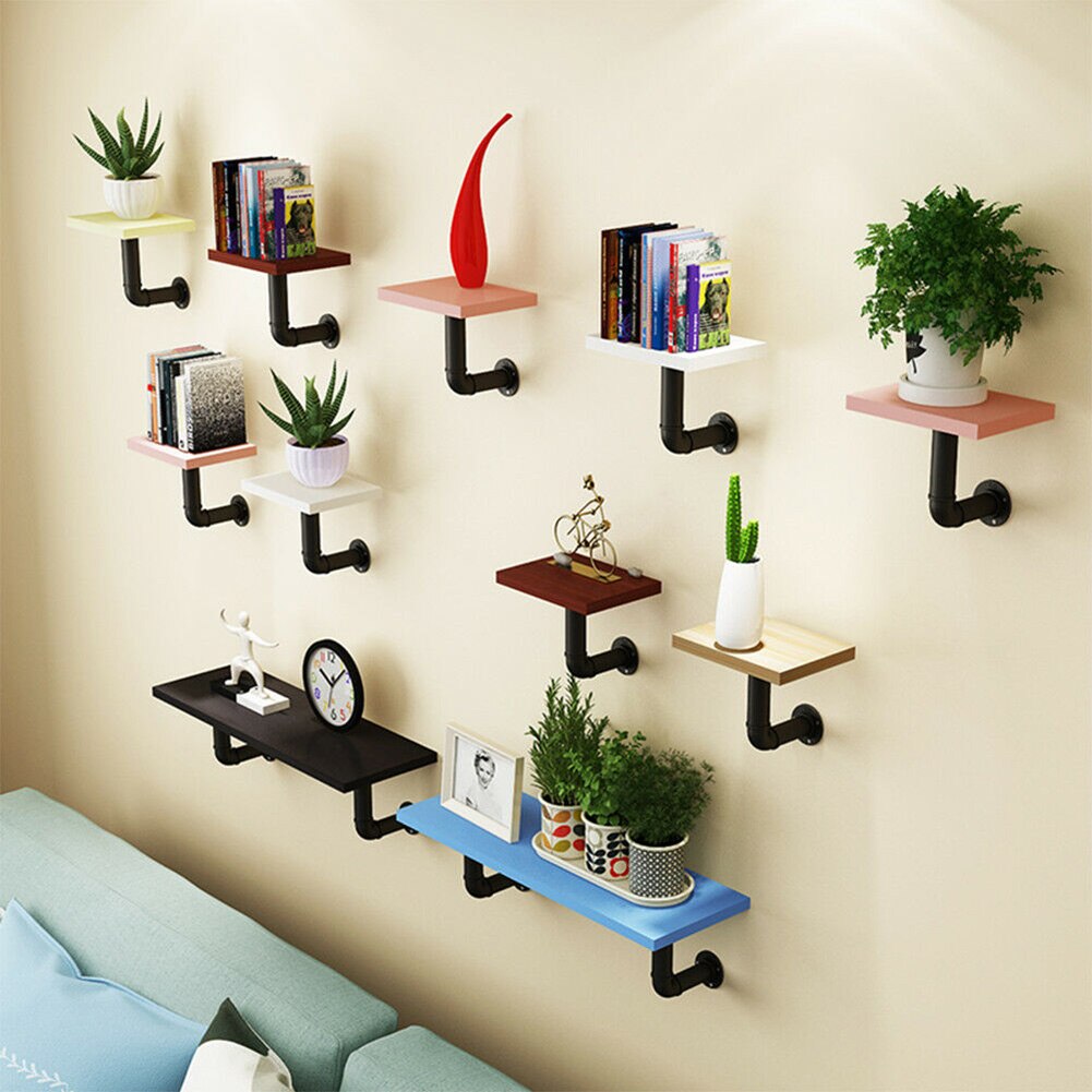 2pcs Industrial Wall Mounted Iron Pipe Shelf Bracket Floating Shelf Holder Black Durable H99F