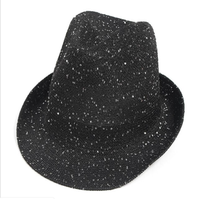 Lato siatkowany, z cekinami brokat jazzowy kapelusz dzianiny lekki oddychający kapelusz na plażę fedora moda taniec uliczny kapelusz: czarny