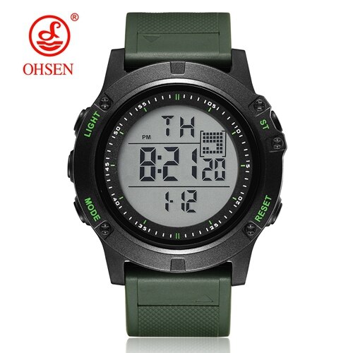 Ohsen merkevare digital lcd rød herre gutteklokke reloj hombre 50m dykk kaki silikonrem utendørs sport armbåndsur hanne: Grønn klokke