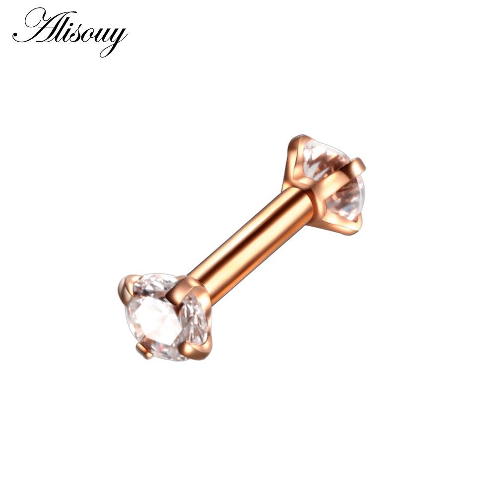 Dubbele Ronde Oorbel voor Vrouwen Chirurgisch Staal Bar Oorbellen Kraakbeen Piercing Oor Gem Zirkoon Rhinestone Ear Stud Bars Sieraden: Rose Gold Clear CZ