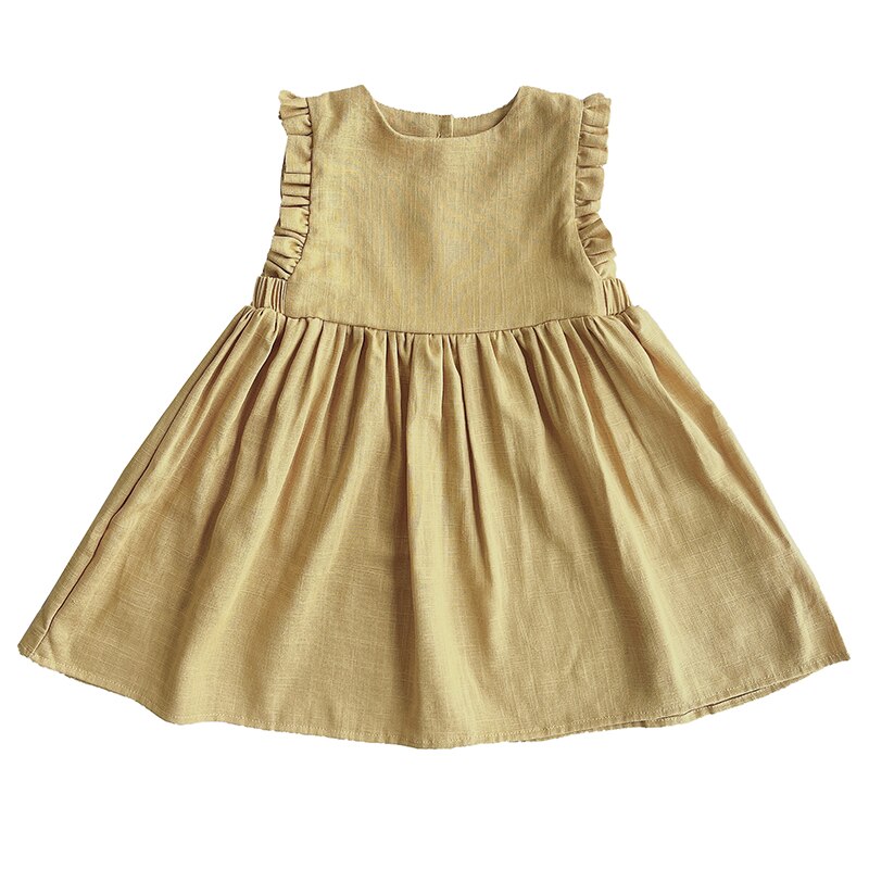 Baby Meisje Jurk 1-6Y Effen Linnen Katoen Ruche Mouw Kinderen Jurken Voor Zomer Prinses Feestjurk Peuter Meisje A-lijn Zonnejurk: Yellow / 110