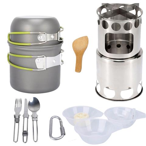 Outdoor cookware kit hiking camping set pot wood stove set with cutlery pot stove outdoor equipment: White