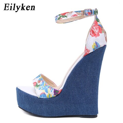 Eilyken Print Denim Sandalen Romeinse Sandalen Wiggen Hoge Hakken Peep-Toe Platform Schoenen Vrouw: 5
