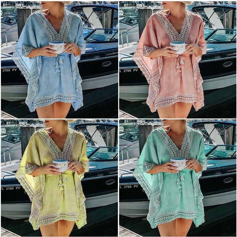 Boho strand kvinde blonder hæklet hul mini cover-ups kjole elastisk samle talje badetøj kaftan batwing badedragt dække op