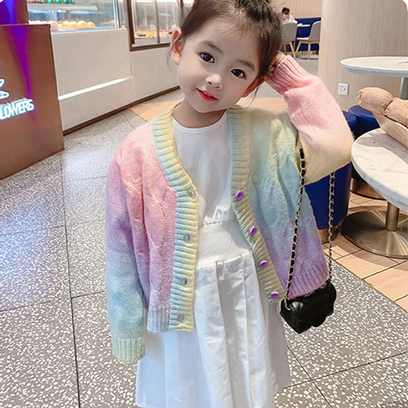 0-10Y Winter Fall Children Girl Sweater Cardigan Sweet Rainbow Gradient Twist Round Neck Long Sleeve Button Pullovers/Coats