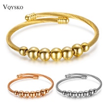 Stainless steel Cable Wire Cuff Bangle Women Beads Charm Adjustable Opening Bracelets Bangles Jewelry