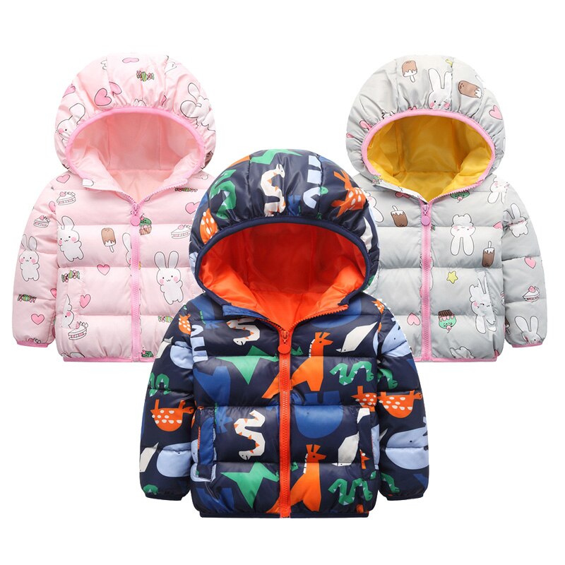 Jackets For Boys Down jacket for girl Hooded warm pink blue Cartoon pattern cotton coat 2-6T
