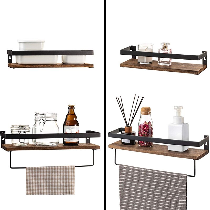 Mensola portaoggetti per bagno impostato da parete di 2, mensole galleggianti in legno rustico con portasciugamani rimovibile, perfette per cucina, bagno