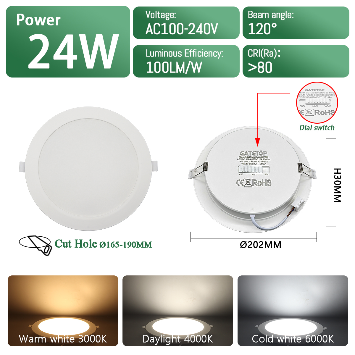 2 uds foco LED empotrable Dial Swich CCT luz de techo ajustada de 3 colores AC 120V 220V 3000K 4000K 6500K iluminación interior: Verde