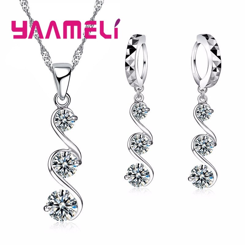 Originele 925 Sterling Silver Wedding Engagement Sieraden Sets Voor Vrouwen Meisje Dames Hanger Ketting Oorringen: White