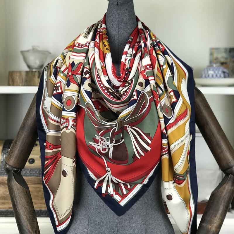Bufanda Mujer cuadros de seda de sarga de 100% chal con estampado de Echarpe cuatro lard para Mujer Bufandas cuadradas para Mujer Pañuelos Mujer 130*130cm: 4