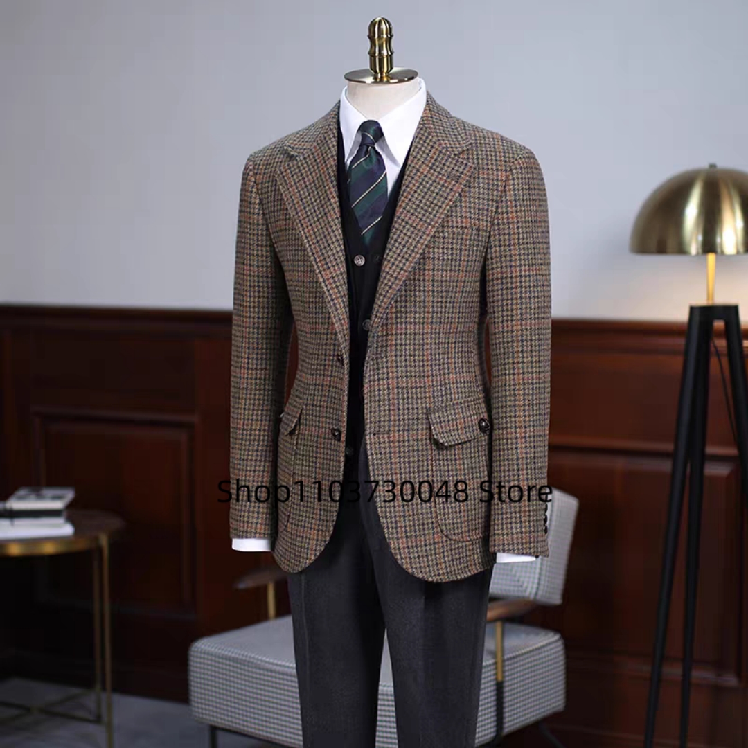 Braune Hahnentritt-Anzugjacke für Herren, Wollblazer, Smoking-Mantel für Abschlussball, Party, einreihig, zwei Knöpfe, Business-/Hochzeitsjacke