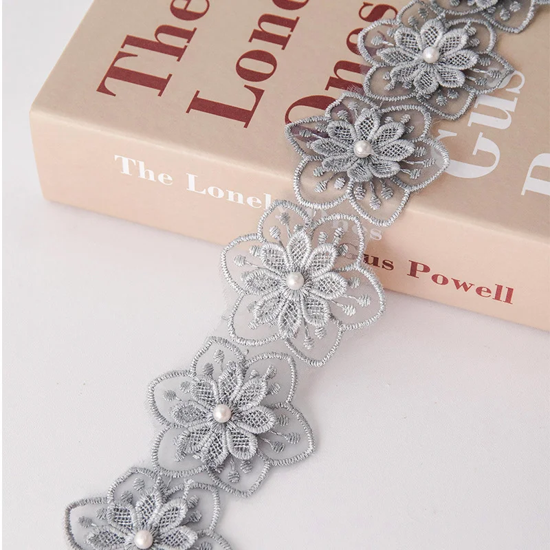 2 Yard Bloem Parel Kant Geborduurd Gebreide Zes Bloembladen Kralen Dubbellaags Trouwkleding Accessoires Diy Handgemaakte: Black