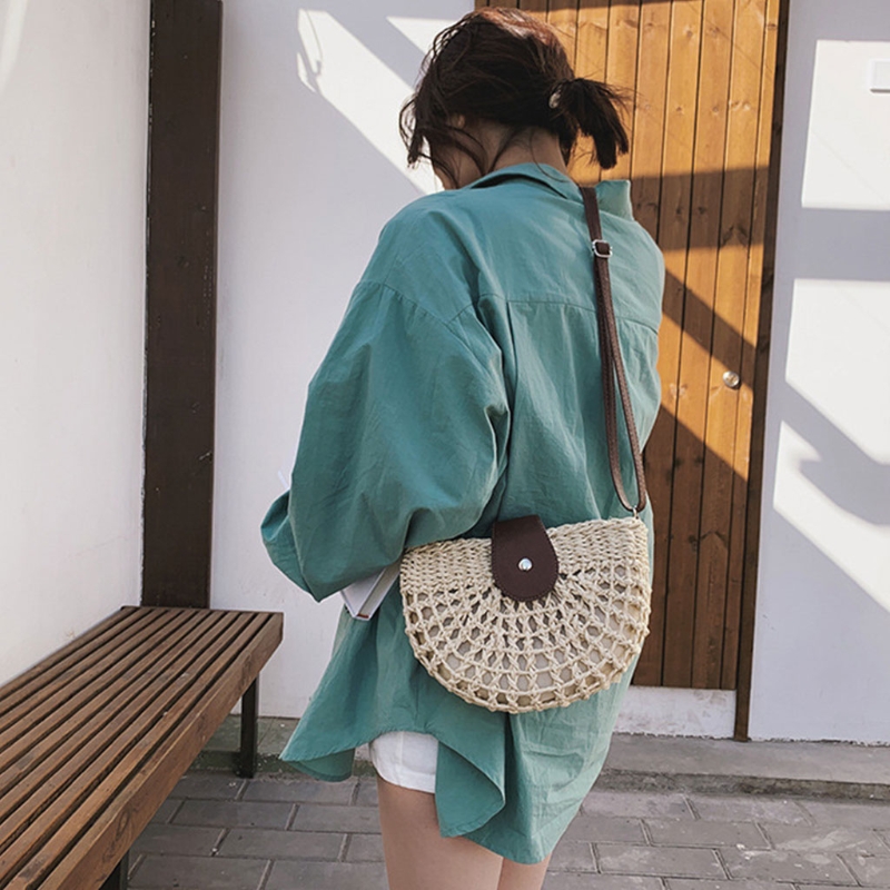 Damen-umhängetasche aus gewebtem stroh, halbrunde schultertasche, sommer-Bote-tasche für damen