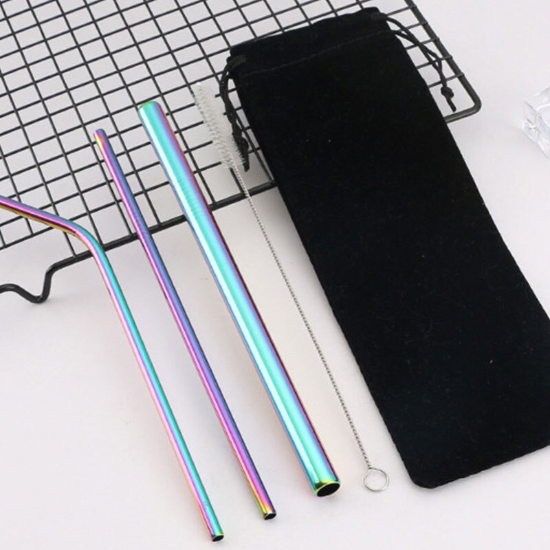 5PCS Reusable Metal Straw Eco Friendly 304 Stainless Steel Straw Cleaning Brush Pink Drinking Straws Bubble Tea Bag Pouch Set