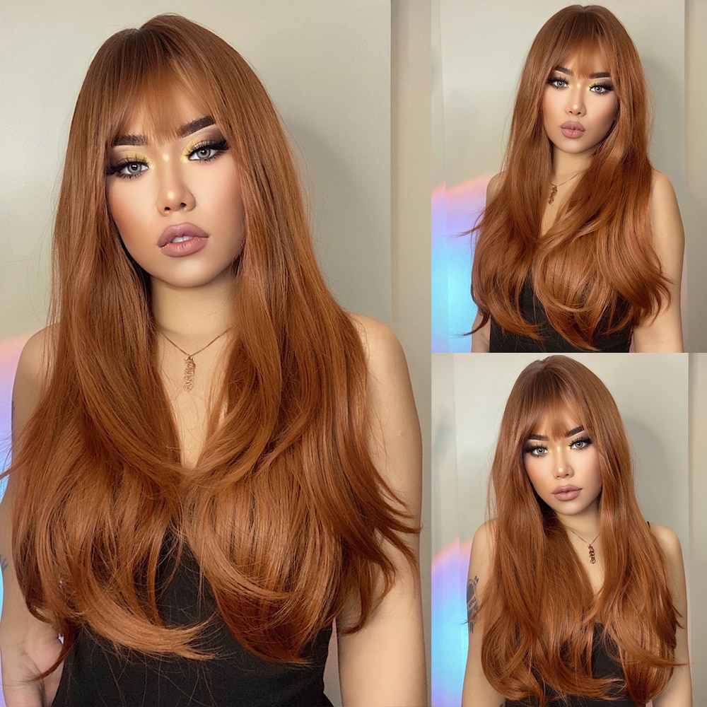 ALAN EATON Ombre Black Brown Long Wave Synthetic Wigs with Full Bangs For Black Women Heat Resistant Fibre Cosplay Party Daily: lc028-1
