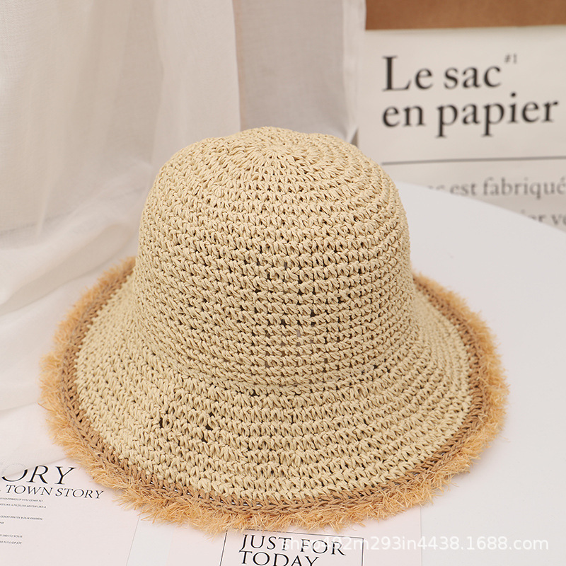 Chapéu de palha de crochê para mulheres verão artesanal oco panamá ráfia papel borla borda praia chapéus uv proteger dobrável viseira de sol: Bege