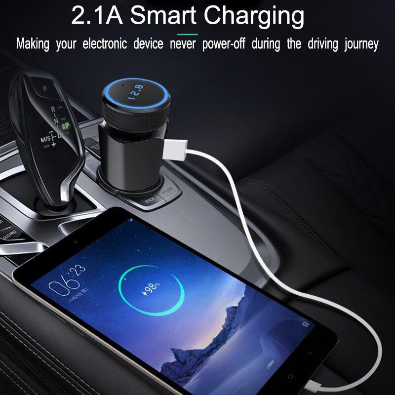 JINSERTA Bluetooth 5.0 Handsfree Kit AUX Audio Car MP3 Player TF USB Wireless FM Modulator with Smart Charge Dual USB Ports