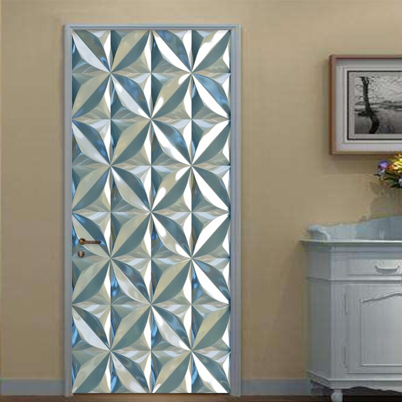 PVC Self-Adhesive Door Sticker 3D Stereo Blue Crystal Diamond Geometrtic Mural Wallpaper Living Room Art Door Poster 3D Decals