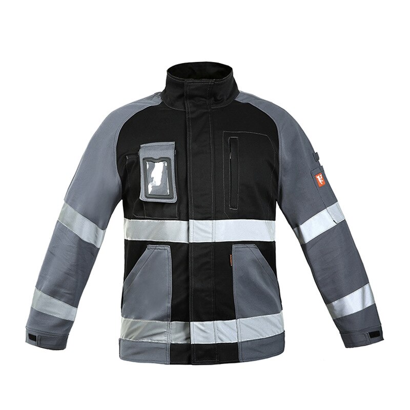 Bauskydd Men Work Jacket Reflective Stripes Black Gray Stitching Coveralls Outdoor Multi-pockets Workwear