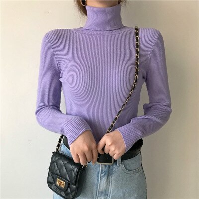 Sweter damski jesienne i zimowe nowe zestawy z golfem z wysokim dekoltem wszechstronny, dopasowany obcisły sweter damski długa koszula: purple