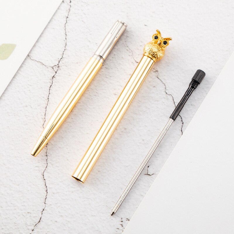 Kawaii Rose Gold Metal Owl Ballpoint Pen Luxury Brand Writing Handle Pens for Girl Nice Office Stationery Supplies