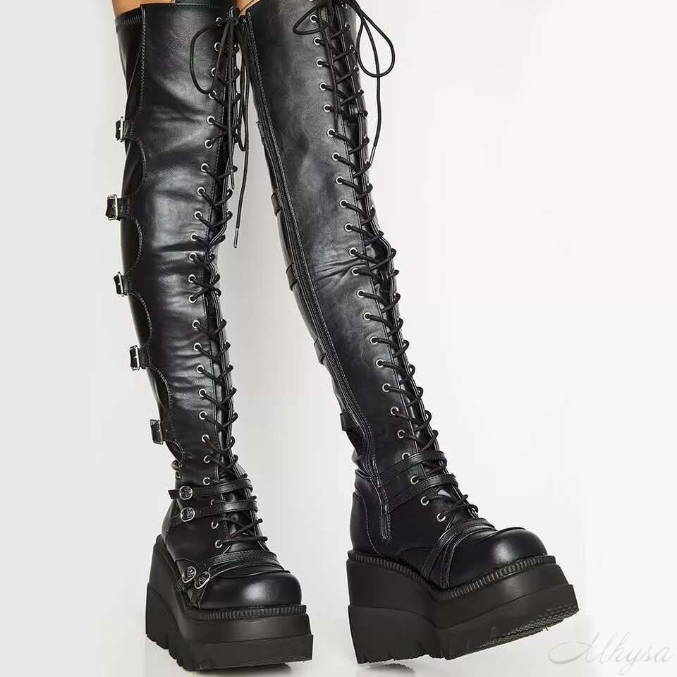 Female High Platform Thigh High Boots Buckle Punk High Heels Boots Women Cosplay Wedges Boots Woman Botas Mujer