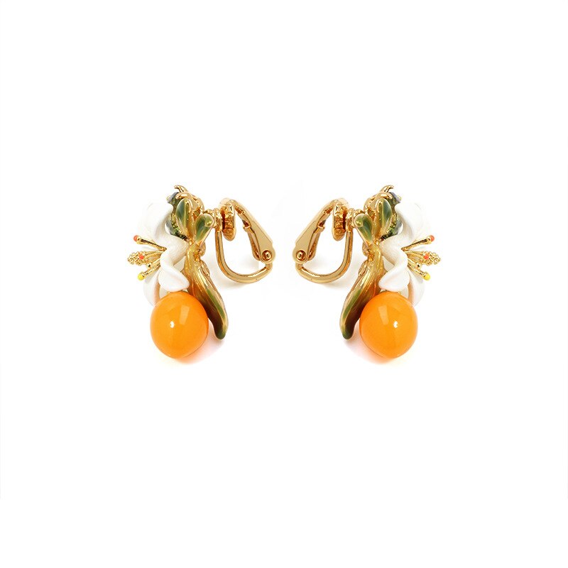 Romantisk søte oransje blomster perle ørering ring armbånd armbånd halskjede smykkesett for kvinner hvite blomster smykker: Ørepynt med no6 klips