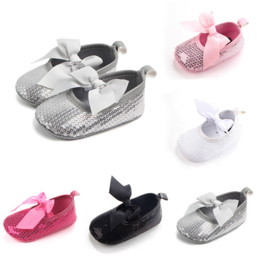 Bling Sparkle Sequins Ribbon Infant Newborn Baby Girl Boy Crib Shoes 0-18M
